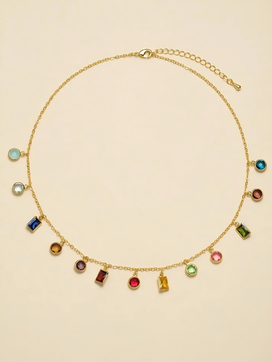 Fashion Jewelry Jewelry - 18k Gold Plated Stainless Steel Rainbow Cubic Zirconia Crystal Necklace Jewelry